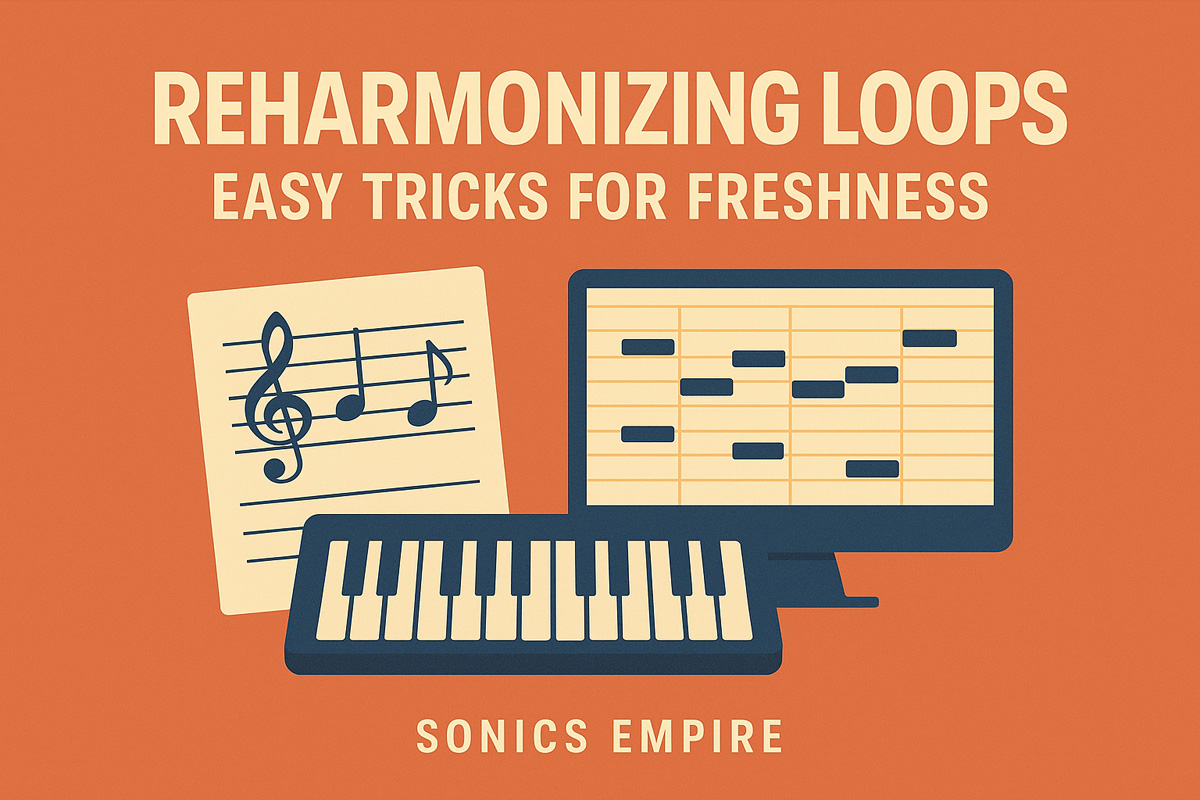 Illustration of sheet music, a MIDI piano roll, and a keyboard for a reharmonization tutorial.